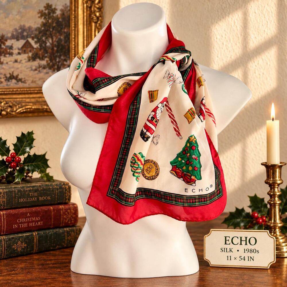 Vintage Echo 1980s Silk Scarf Christmas Santa Candy Cane Red Plaid 11x54
